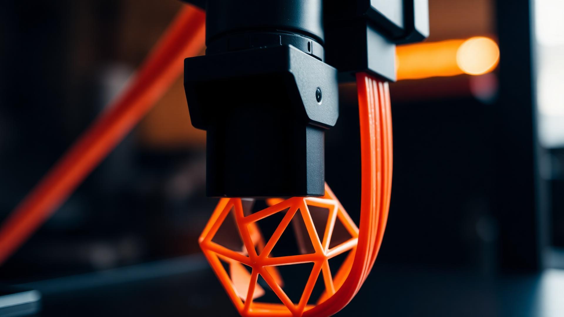 Đầu phun máy in 3D đang in vật thể bằng nhựa cam